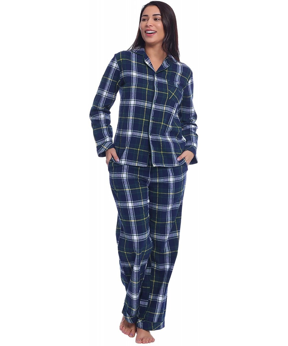 Sets Womens Flannel Cotton Pajamas Set Plaid Button Down - Green Plaid - CO18Z78X20M