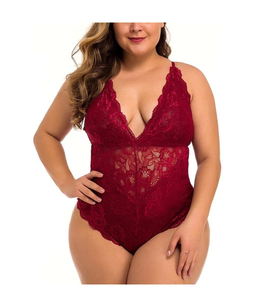 Baby Dolls & Chemises Women Sexy Plus Size Teddy Lingerie Snap Crotch Bodysuit Sexy One Piece Lace Babydoll (4XL Wine) - 4xl ...