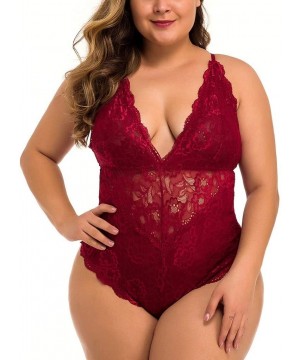 Baby Dolls & Chemises Women Sexy Plus Size Teddy Lingerie Snap Crotch Bodysuit Sexy One Piece Lace Babydoll (4XL Wine) - 4xl ...