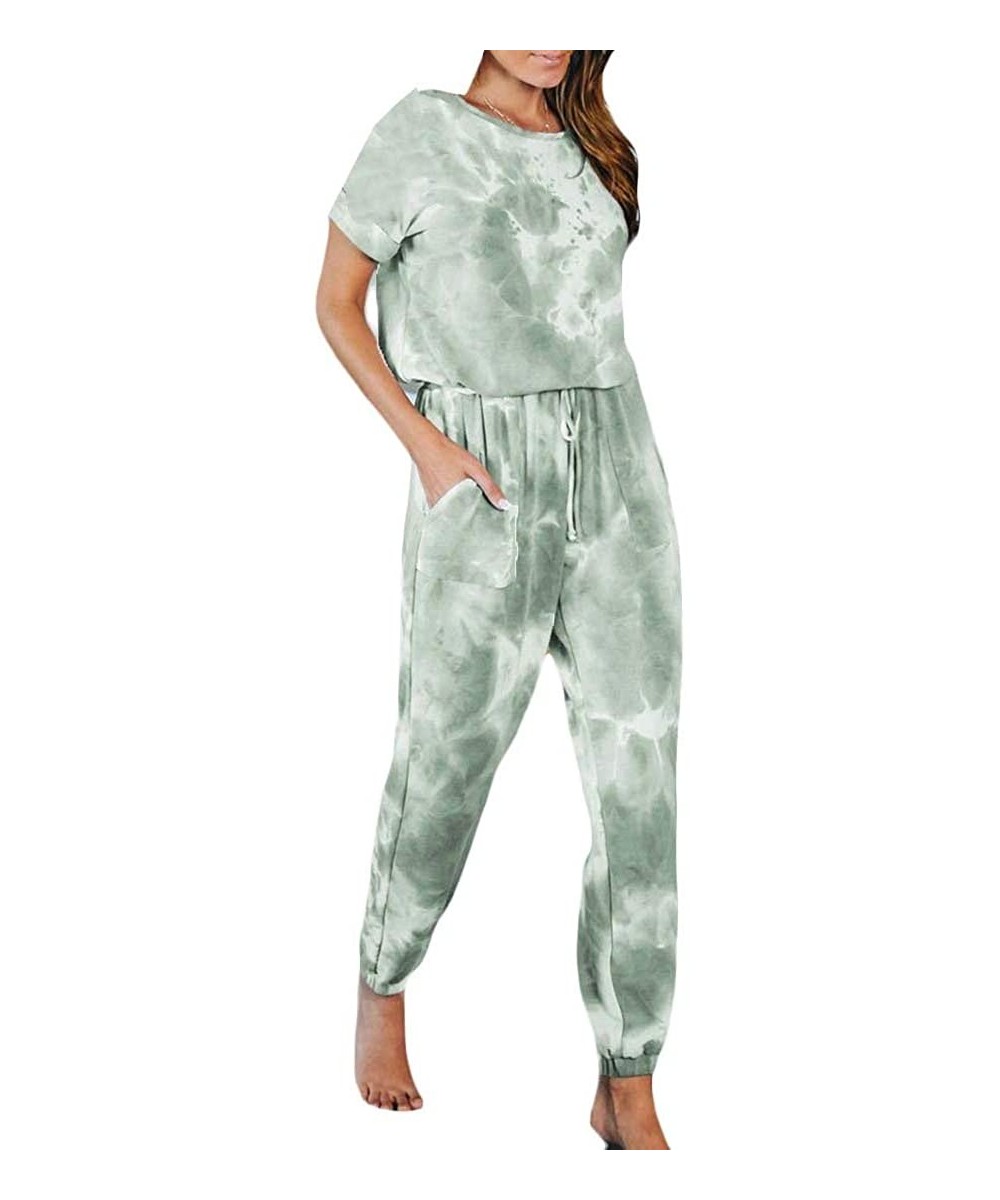 Sets Womens Casual Long/Short Sleeve Tie Dye Print Jogger Pants Homewear Pajama Set Sleepwear - Green - CB19C7376H6