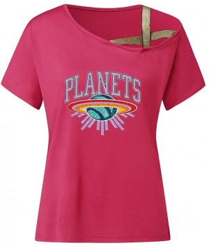 Nightgowns & Sleepshirts Cross Shoulder T-Shirt- Ladies Casual Irregular Short Sleeve Blouse top - V-hot Pink - CY1944RY9U0