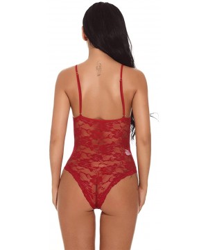 Baby Dolls & Chemises Women Deep V-Neck Lingerie Lace Babydoll Mini Bodysuit - Red - CU197NYIEOX