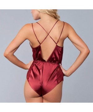 Baby Dolls & Chemises Women Lingerie Plus Size Fashion Sexy Satin Lace Patchwork Lingerie Bodysuit Underwear - Red - CJ18SMGNQUD