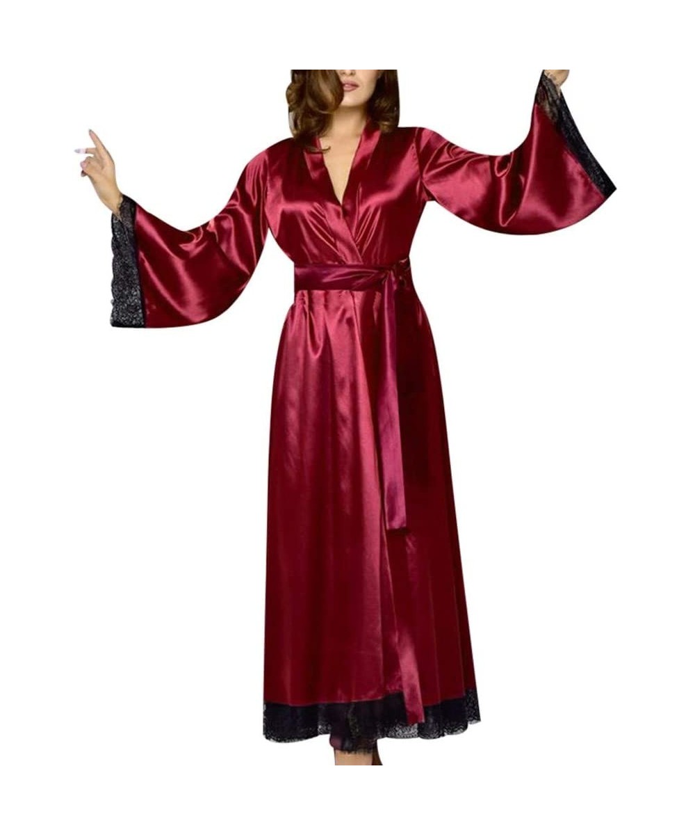 Bustiers & Corsets Women's Lace Trim Kimono Robe Nightwear Nightgown Sleepwear Satin Long Sleeve Bathrobes Satin Bathrobe Lou...