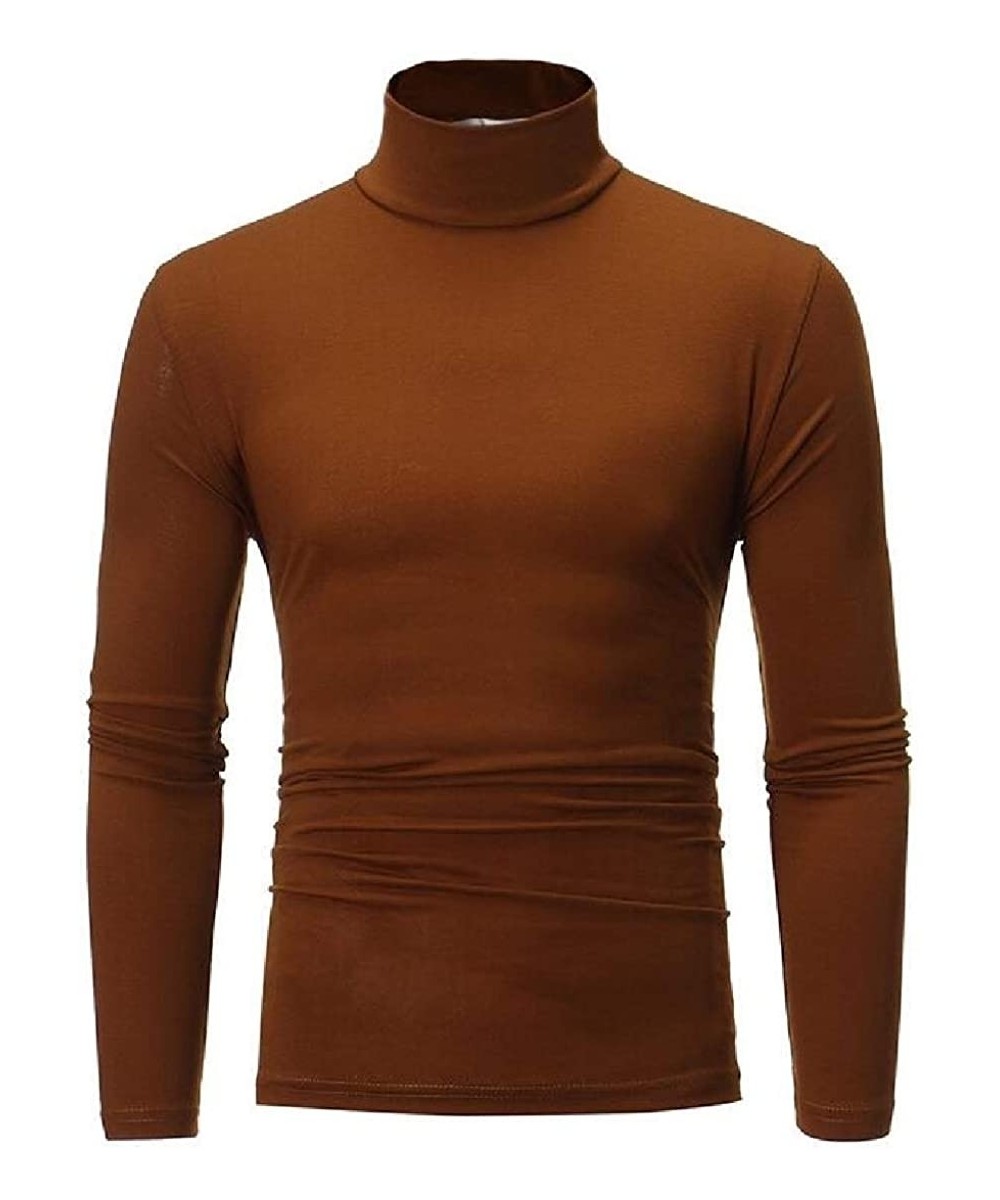 Thermal Underwear Men Turtle Neck Fall Winter Long Sleeve Solid Color Slim Base Layer Compression T-Shirt Tee - Coffee - CJ19...