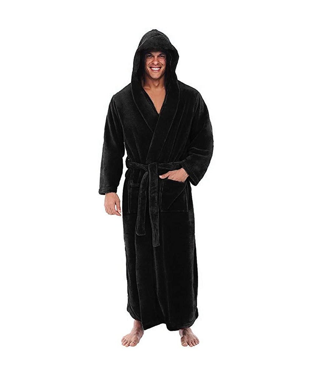 Robes Men's Winter Plus Size Robe Coat Lengthened Long Sleeved Warm Fleece Plush Shawl Bathrobe Home Clothes - black - CZ18AR...