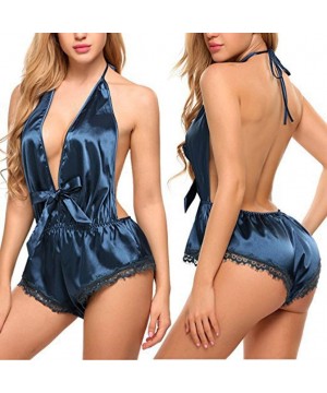 Baby Dolls & Chemises Silk Pajamas Sexy Satin Underwear Jumpsuit Bodysuit Teddy Lingerie Sleepwear - Blue - CP1938CUTM3