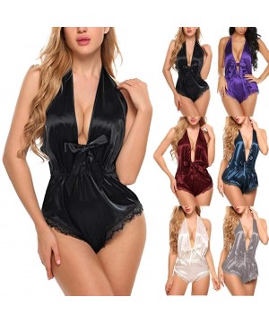 Baby Dolls & Chemises Silk Pajamas Sexy Satin Underwear Jumpsuit Bodysuit Teddy Lingerie Sleepwear - Blue - CP1938CUTM3