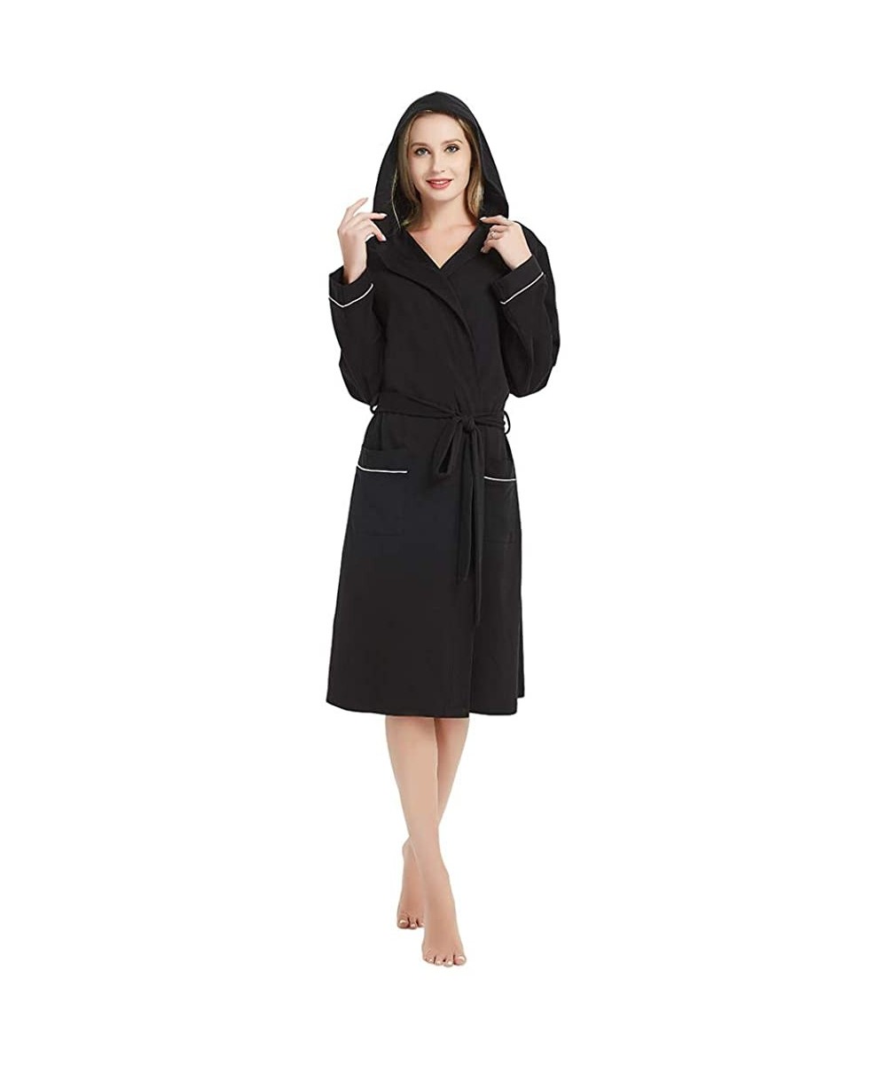 Robes Womens Cotton Robe Soft Kimono Spa Knit Bathrobe Lightweight Long - Black Hooded - CN18NZZH4WW