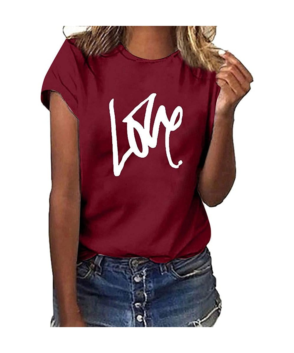 Thermal Underwear Love T-Shirt for Women Summer Print Short SleeveTunic Blouse Top - A Wine - CF18U8L6IZU