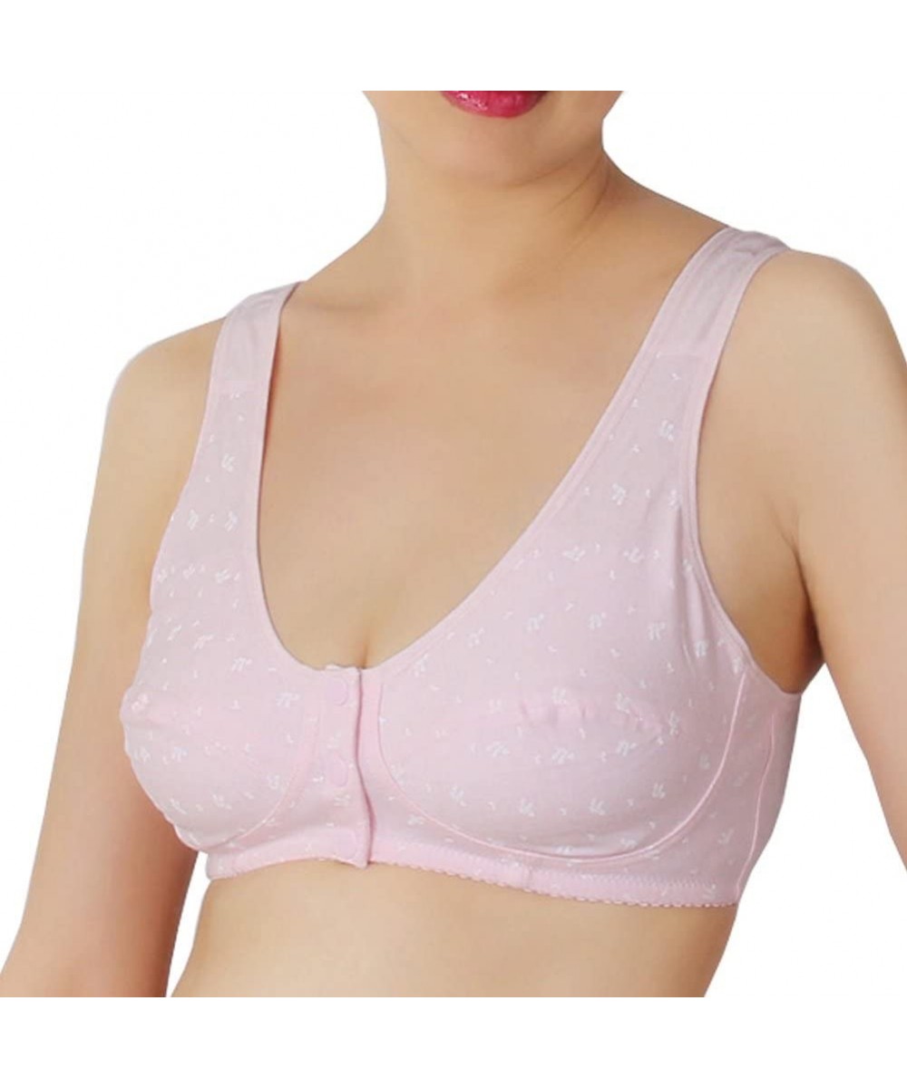 Bras Front Closure Wire Free Thin Comfortable Vest Bra - Flora Pink (3 Buttons） - CM17YU3WMSM