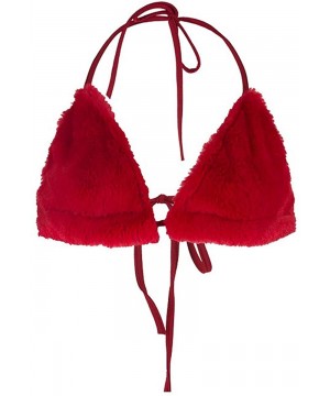 Camisoles & Tanks Women Sexy Faux Fur Crop Tops Triangle Bra Festival Rave Halter Bralette Camis for Dance Clubwear - Red - C...