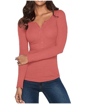 Accessories Womens V Neck Henley Shirts Long Sleeve Ribbed Button Down Basic Tops Tees - Pink - C718AKQR8U9