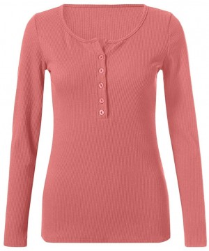 Accessories Womens V Neck Henley Shirts Long Sleeve Ribbed Button Down Basic Tops Tees - Pink - C718AKQR8U9