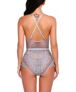 Baby Dolls & Chemises Snap Crotch Bodysuit Lace Teddy Lingerie One Piece Babydoll Mini Bodysuit - Grey - CB18Y9T22X6