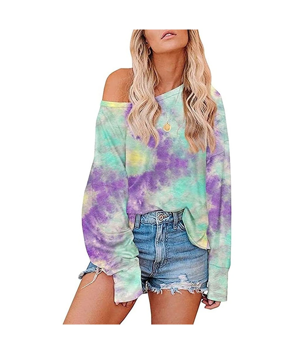 Sets Womens Tie Dye Printed Sweatshirts One Shoulder Long Sleeve Round Neck Casual Pajamas Loungewear - Purple - C2197AOU2D5