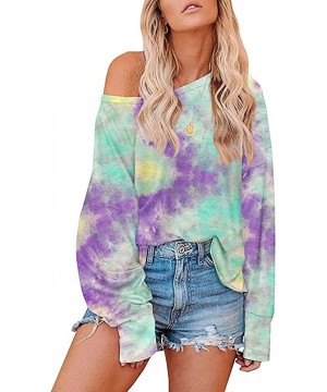 Sets Womens Tie Dye Printed Sweatshirts One Shoulder Long Sleeve Round Neck Casual Pajamas Loungewear - Purple - C2197AOU2D5