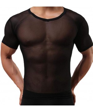 Undershirts Men's Sexy Short Sleeve Sheer Mesh See Through Clubwear T-Shirt Undershirts Top Black XS - C018W5Q426L