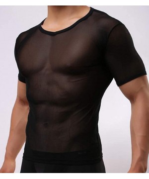 Undershirts Men's Sexy Short Sleeve Sheer Mesh See Through Clubwear T-Shirt Undershirts Top Black XS - C018W5Q426L