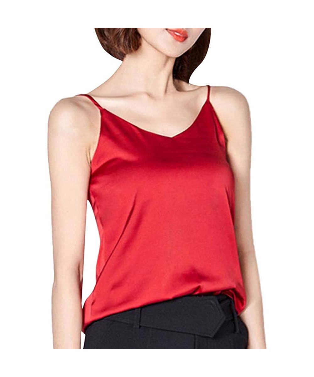 Thermal Underwear Tank Crop Tops Women Sexy Silk Ladies Tops Camisole Bottom Blouse Soft Satin Shirt - Red - CB197O5I46T