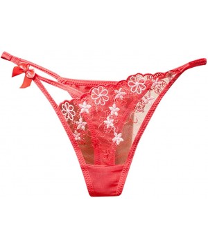 Garters & Garter Belts Women Briefs Thongs Floral Embroidery Mesh Sheer Panties Sexy Underwear Lingerie - Watermelon Red - CZ...