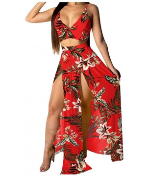 Baby Dolls & Chemises Women Sexy Floral Print Summer Chiffon Sleeveless Crop Tops Maxi Skirt - Red - CL196SH8XGT