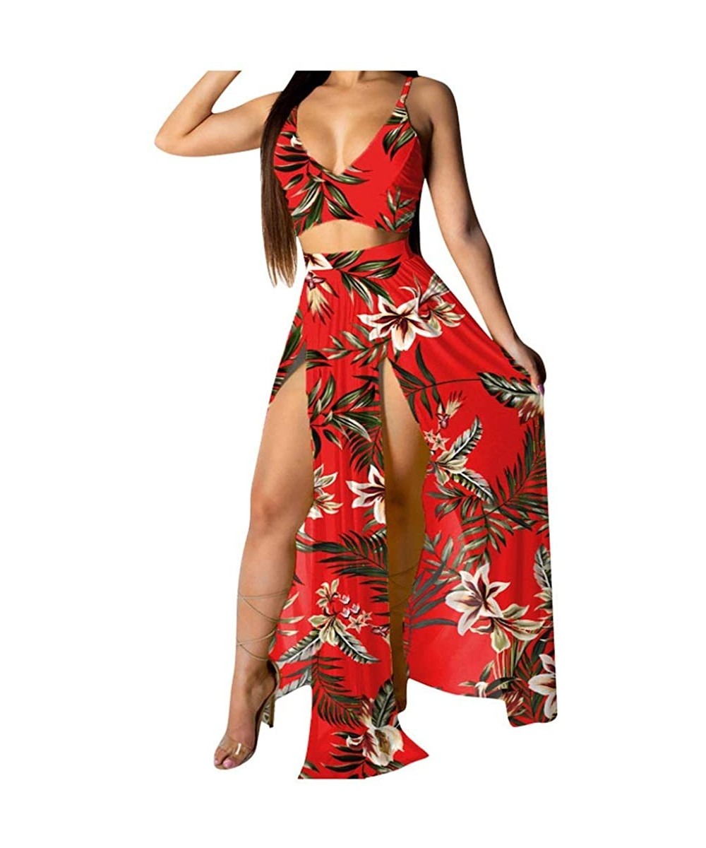 Baby Dolls & Chemises Women Sexy Floral Print Summer Chiffon Sleeveless Crop Tops Maxi Skirt - Red - CL196SH8XGT