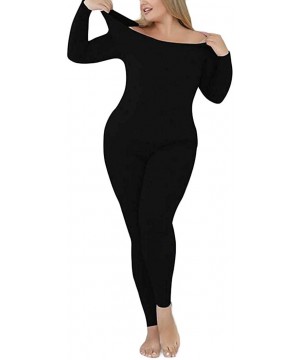 Thermal Underwear Women's Plus Size Thermal Underwear Stretch Fleece Solid Seamless Long Johns - Black - C4193LIT4MC