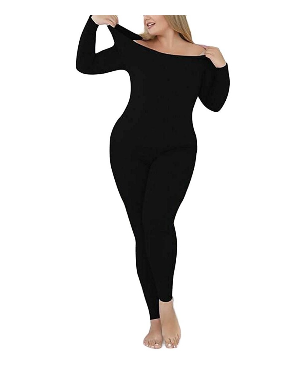 Thermal Underwear Women's Plus Size Thermal Underwear Stretch Fleece Solid Seamless Long Johns - Black - C4193LIT4MC