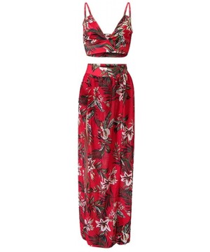 Baby Dolls & Chemises Women Sexy Floral Print Summer Chiffon Sleeveless Crop Tops Maxi Skirt - Red - CL196SH8XGT