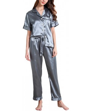 Sets Women's Satin Pajama Set Short Sleeves Pants 2 Pieces Silky Pocket Stripe Sleepwear - Blue - CS18W3LWC78