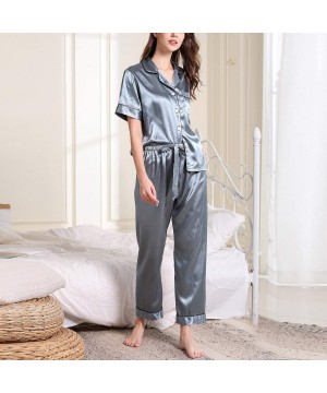 Sets Women's Satin Pajama Set Short Sleeves Pants 2 Pieces Silky Pocket Stripe Sleepwear - Blue - CS18W3LWC78