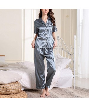 Sets Women's Satin Pajama Set Short Sleeves Pants 2 Pieces Silky Pocket Stripe Sleepwear - Blue - CS18W3LWC78