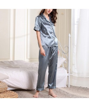 Sets Women's Satin Pajama Set Short Sleeves Pants 2 Pieces Silky Pocket Stripe Sleepwear - Blue - CS18W3LWC78