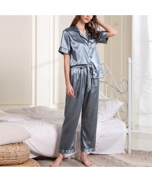 Sets Women's Satin Pajama Set Short Sleeves Pants 2 Pieces Silky Pocket Stripe Sleepwear - Blue - CS18W3LWC78