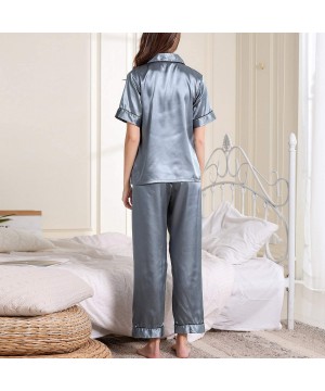 Sets Women's Satin Pajama Set Short Sleeves Pants 2 Pieces Silky Pocket Stripe Sleepwear - Blue - CS18W3LWC78