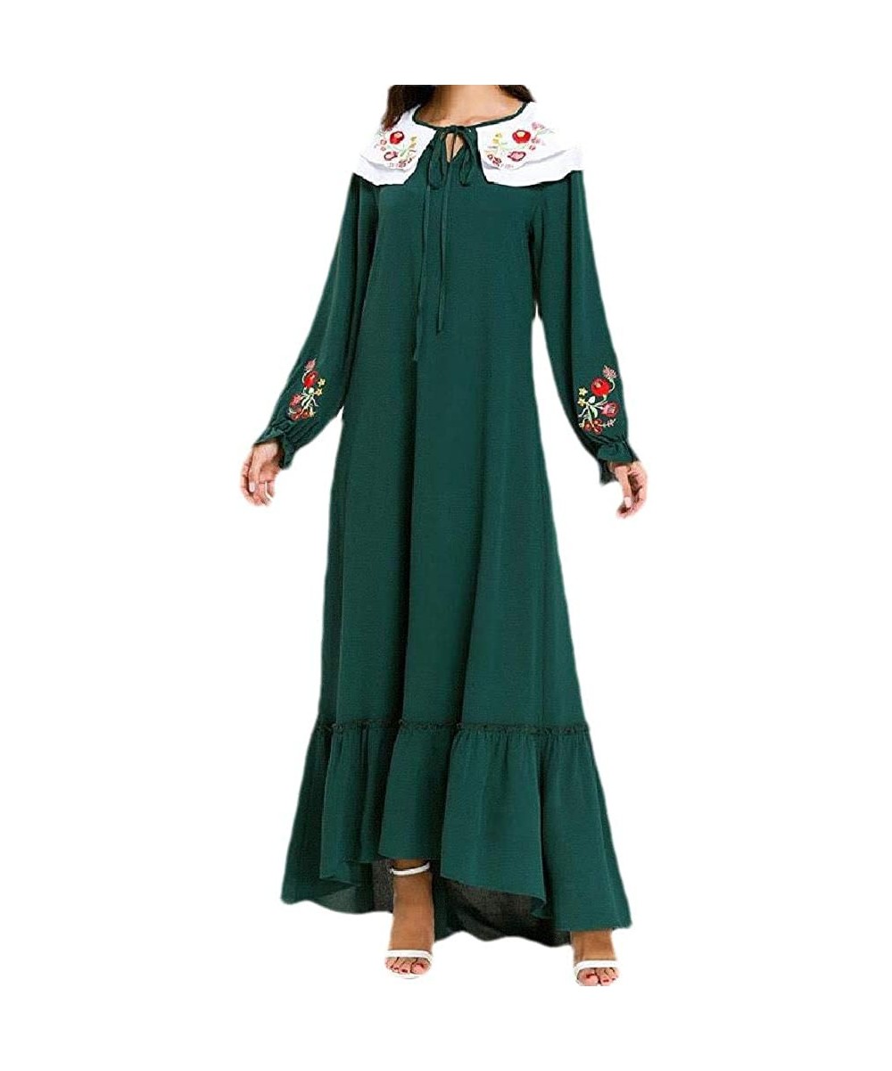 Robes Womens Arab Embroidered Dubai Muslim Islamic Cotton Kaftan Dresses - Green - CC1990RNZZU