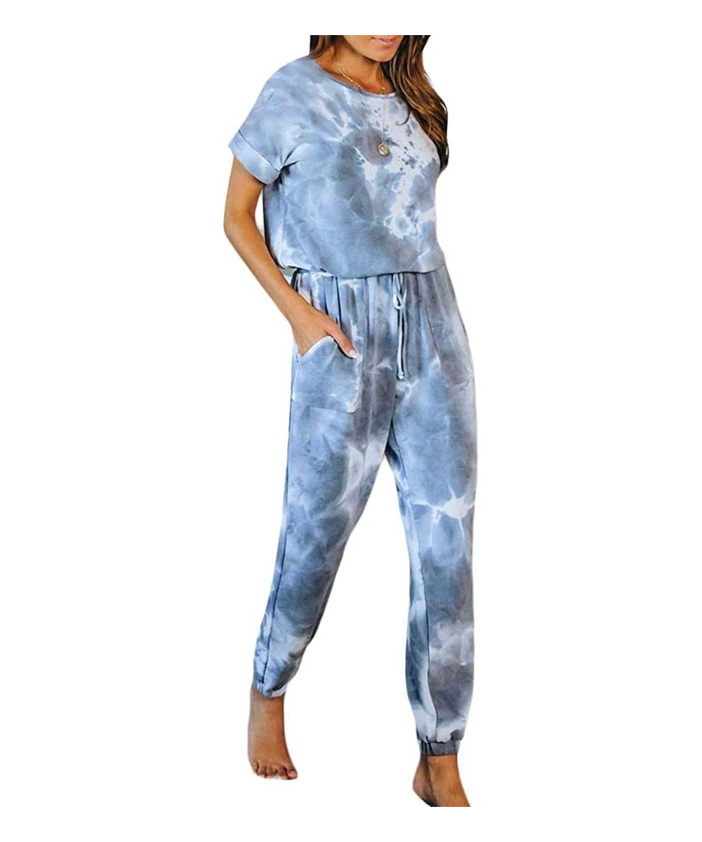 Sets Womens Tie-Dyed Casual Long/Short Sleeve Homewear Jogger Pants Pajama Set Sleepwear - Blue - CX19C73SZY3