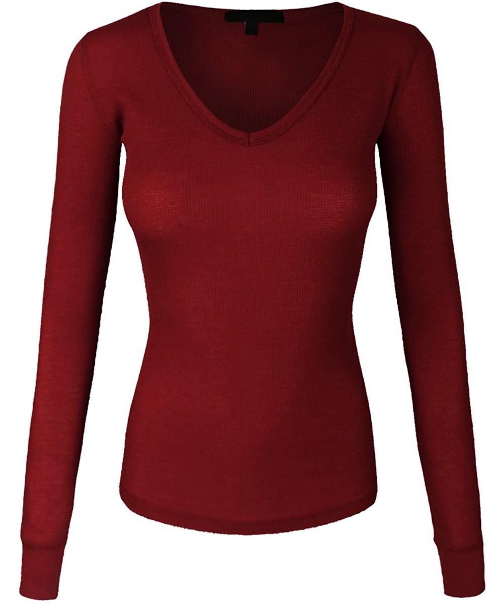 Thermal Underwear Women's Basic Solid V-Neck Long Sleeve Thermal Waffle T-Shirt Top - [Yil0004]burgundy - CK12M8SBE5N