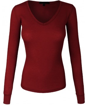 Thermal Underwear Women's Basic Solid V-Neck Long Sleeve Thermal Waffle T-Shirt Top - [Yil0004]burgundy - CK12M8SBE5N