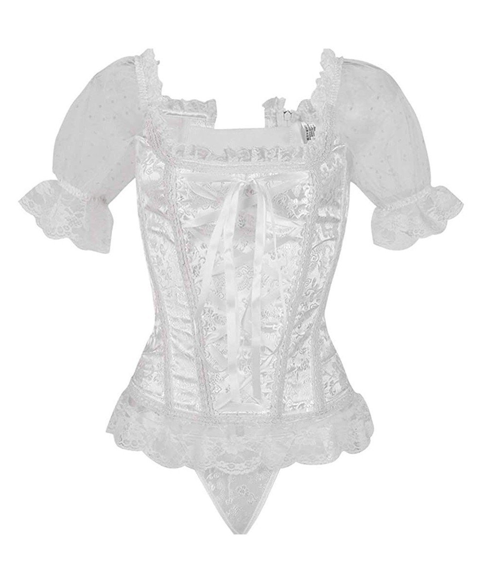 Bustiers & Corsets Corset Overbust Lace up Back Bustier Top with Shoulder Sleeve SZIVYSHI - White - C211O4NVFV9