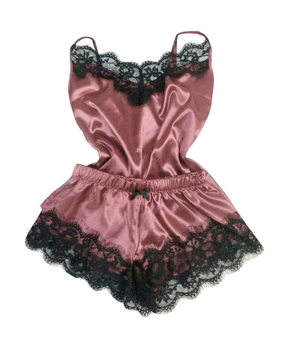 Sets Lace Sleepwear Sets for Women PJ Satin Lingerie Bow Camisole Shorts Silky Vacation Pajamas Nightwear - Hot Pink - C5194T...