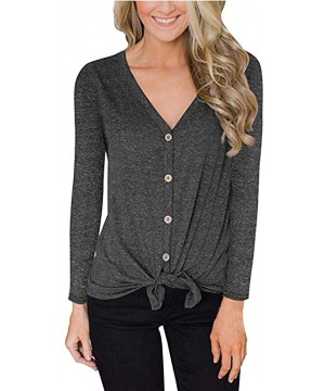 Baby Dolls & Chemises Women Tops V Neck Long Sleeve Knit Tie Front Button Down Shirts Casual Blouses Top - Gray - CA18WW4ECRG