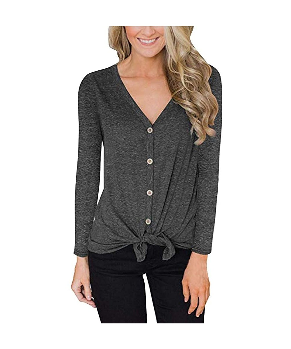 Baby Dolls & Chemises Women Tops V Neck Long Sleeve Knit Tie Front Button Down Shirts Casual Blouses Top - Gray - CA18WW4ECRG