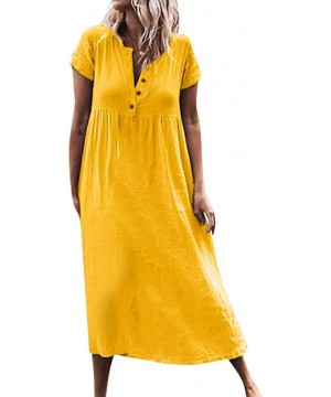 Bottoms Women Casual Long Dress-Solid V-Neck Short Sleeve Dress Splice Button Dress - Yellow - CH18SQ8YRGN