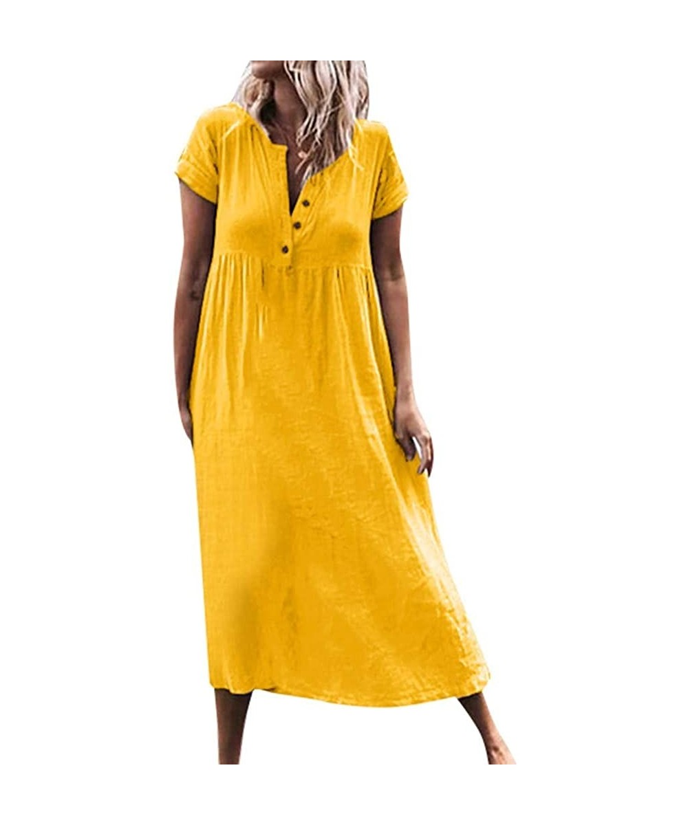 Bottoms Women Casual Long Dress-Solid V-Neck Short Sleeve Dress Splice Button Dress - Yellow - CH18SQ8YRGN