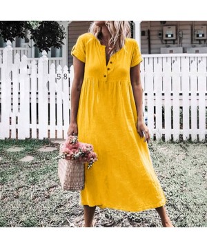 Bottoms Women Casual Long Dress-Solid V-Neck Short Sleeve Dress Splice Button Dress - Yellow - CH18SQ8YRGN