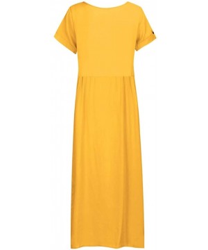 Bottoms Women Casual Long Dress-Solid V-Neck Short Sleeve Dress Splice Button Dress - Yellow - CH18SQ8YRGN