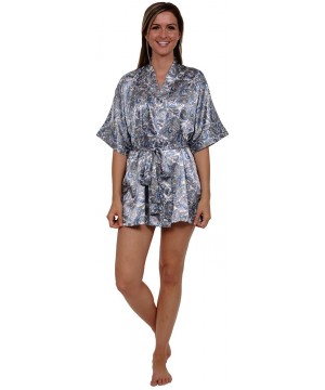 Robes Womens Printed Satin Robe- Short Dressing Gown - Blue and Gold Paisley on Gray - C111QJXJJVF