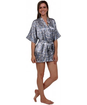 Robes Womens Printed Satin Robe- Short Dressing Gown - Blue and Gold Paisley on Gray - C111QJXJJVF